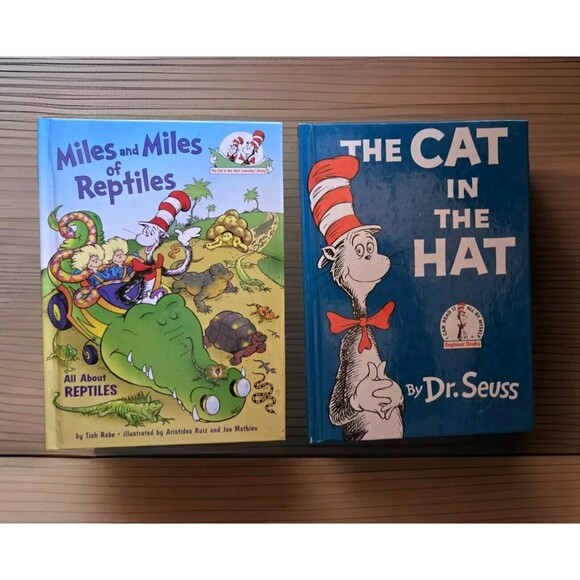 Dr. Seuss Book Lot Of 2 Miles & Miles Of Reptiles (1st Ed'09) The Cat In The Hat - Picture 1 of 7